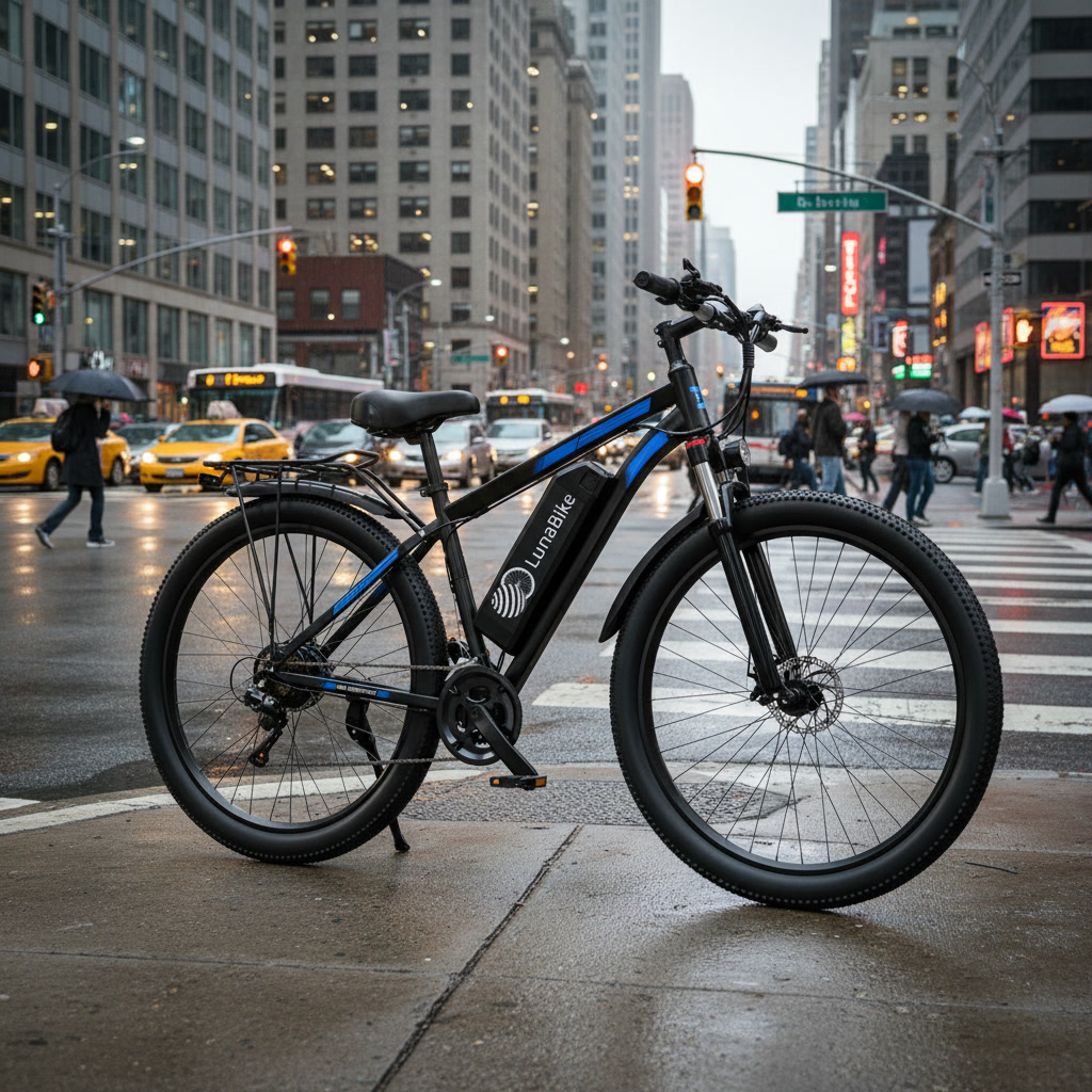 Luna Bike — rower elektryczny w centrum miasta w deszczu