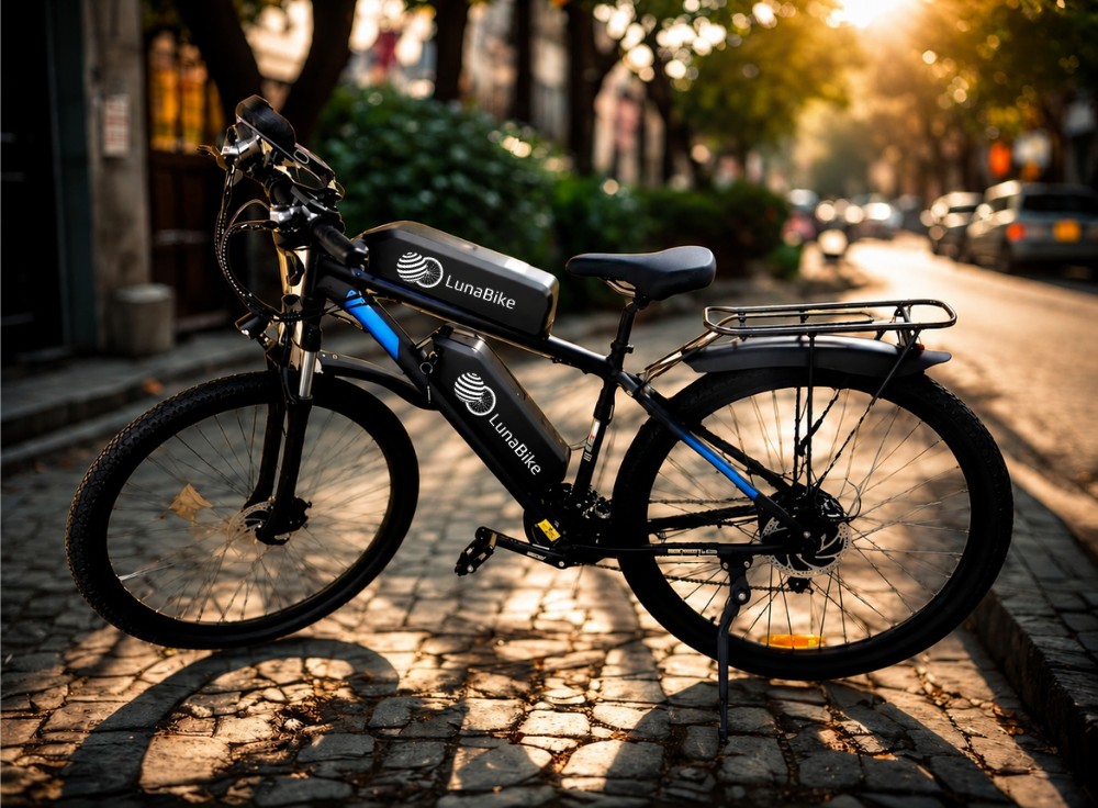 E‑bike Luna Bike na brukowanej ulicy o zachodzie słońca