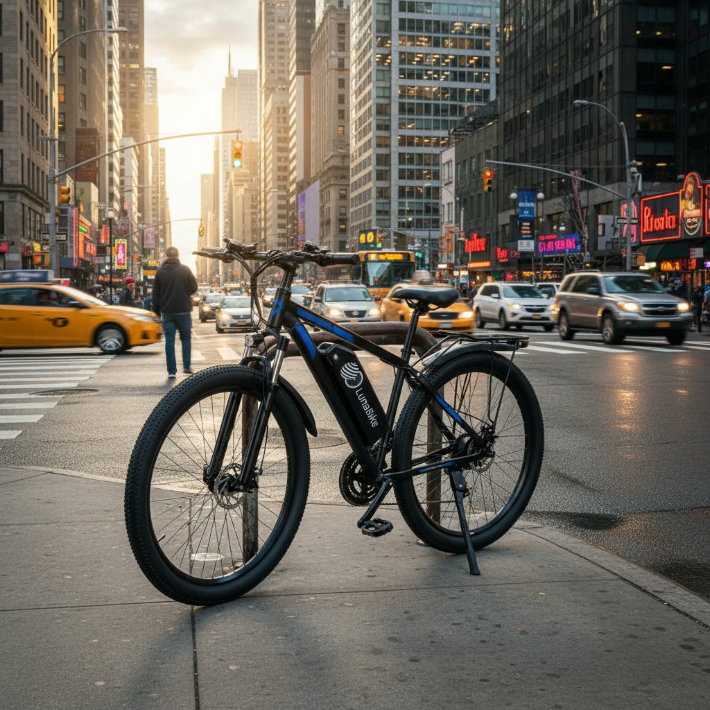 E‑bike Luna Bike w centrum miasta o zachodzie słońca
